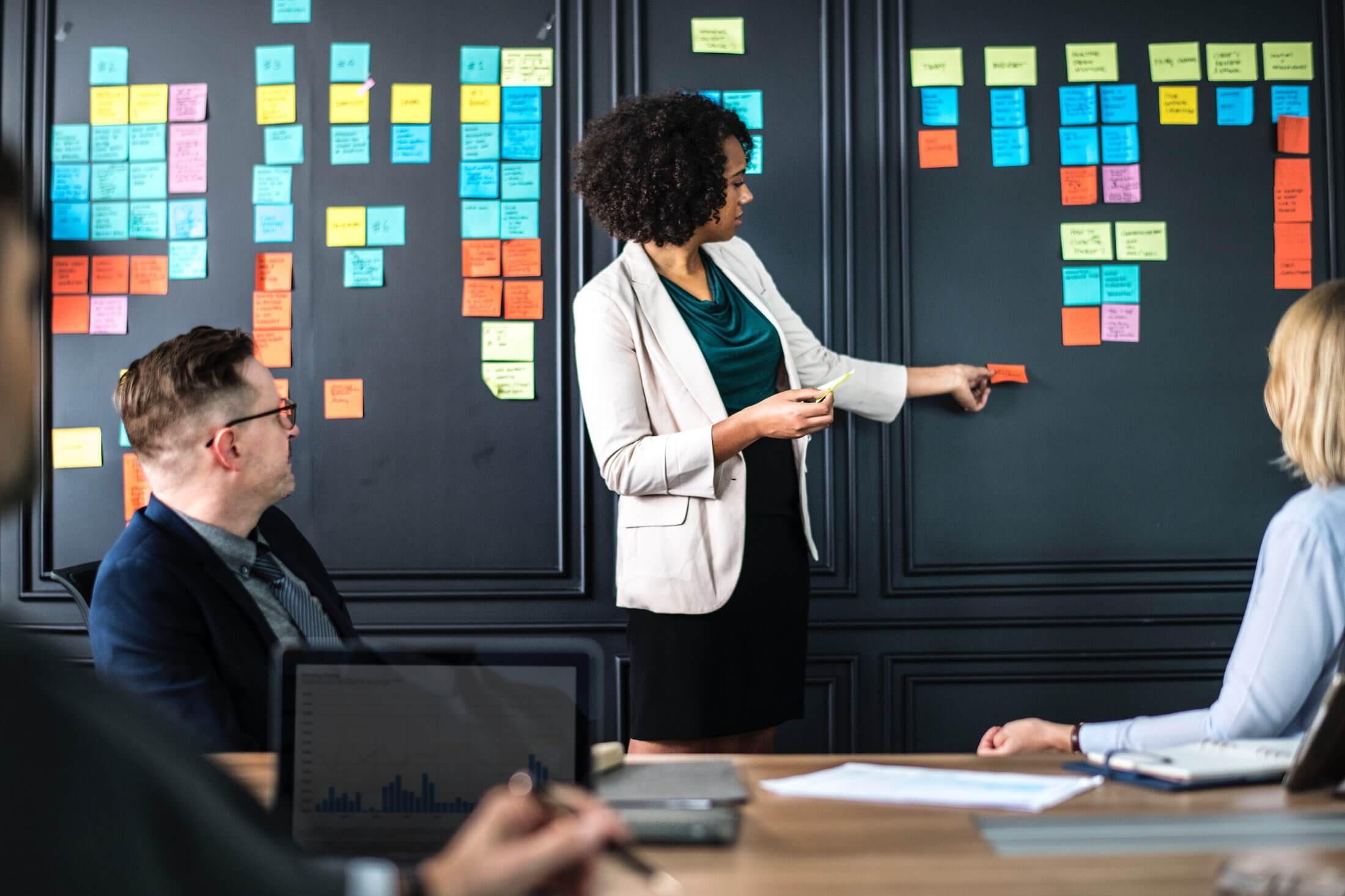 people at a planning meeting with post it notes on the board