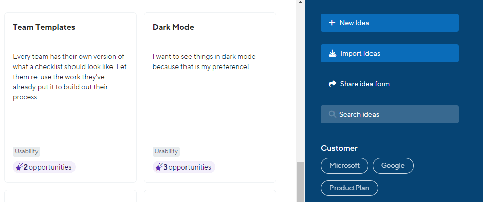 The Idea Capture section of ProductPlan's Product Discovery tool