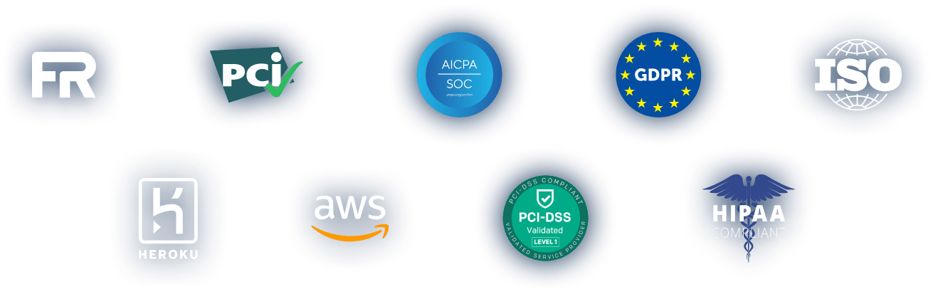 Image of the logos of The Federal Risk and Authorization Management Program, PCI, AICPA SOC, GDRP, ISO, Heroku, AWS, PCI-DSS, HIPAA